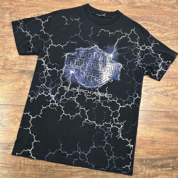 Vintage Harley Davidson Thunder Lightning Supercharged‎ Shirt All Over Print S** - Picture 1 of 9